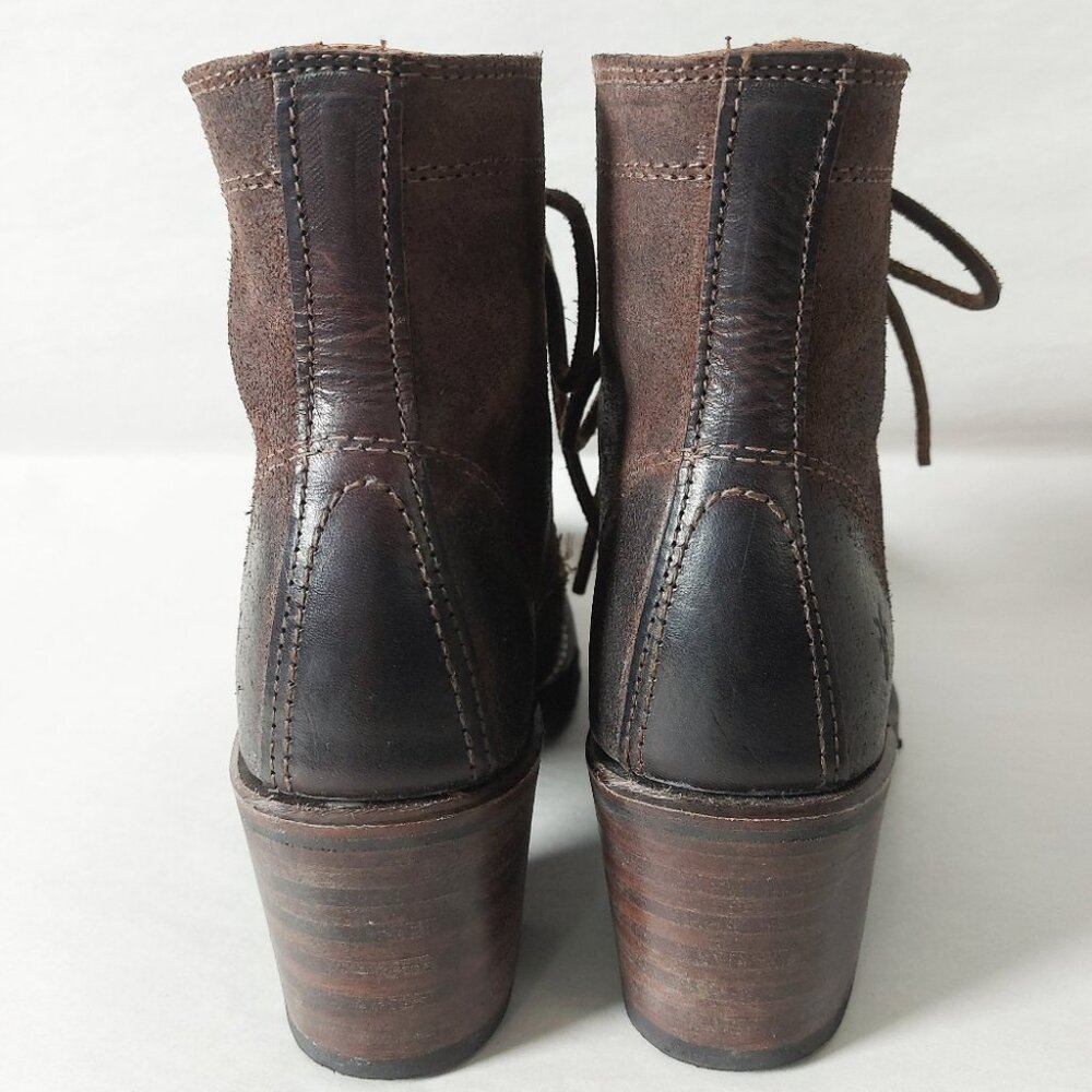 Frye Sabrina 6G Laceup Combat Boots 5.5 M Dark Brown Rugged Chunky Block Heels - Picture 5 of 13